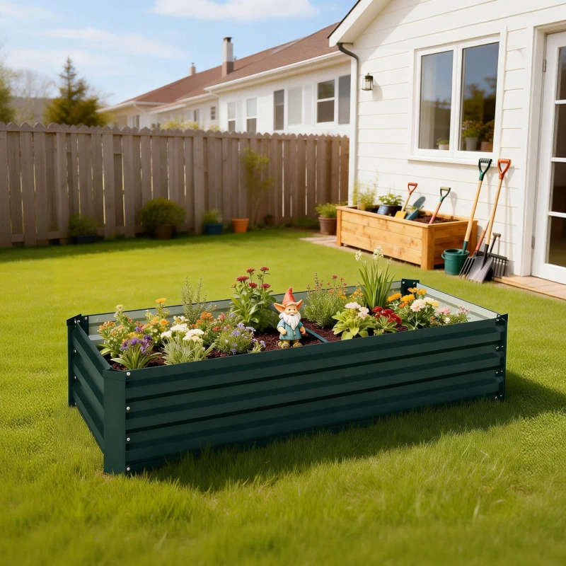 Outsunny Macetero rectangular para huerto jardín en acero galvanizado borde de seguridad y fondo abierto 150x70x30cm verde