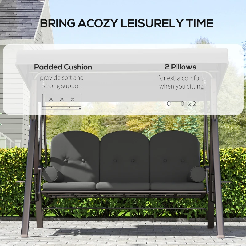 Outsunny 3 Seater Garden Swing Chair Outdoor Hammock Bench w/ Adjustable Canopy, Cushions and Cup Trays, Brown Steel Frame, Dark Grey Fabric