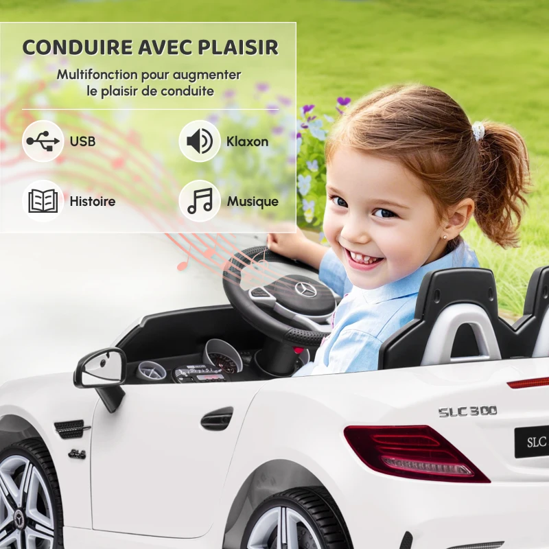 AIYAPLAY Voiture électrique enfants licence Mercedes SLC 300 12V V. Max. 5 Km/h effets sonores lumineux télécommande blanc(m-6)