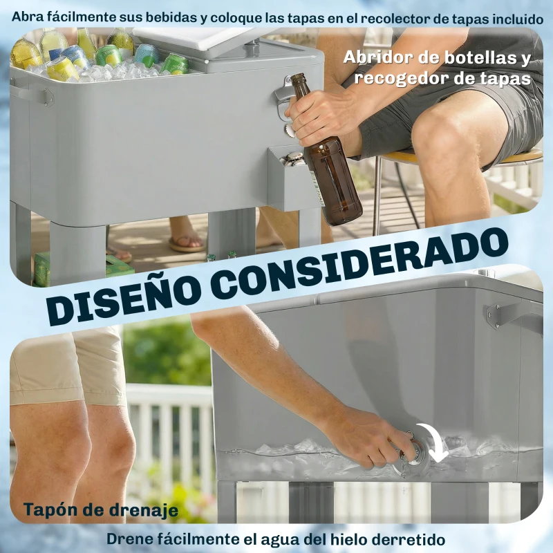 Outsunny Carrito Nevera de 76L con Ruedas Estante Abrebotellas Recogetapas Drenaje y 2 Asas para Patio Fiesta 92x39x81 cm Plata