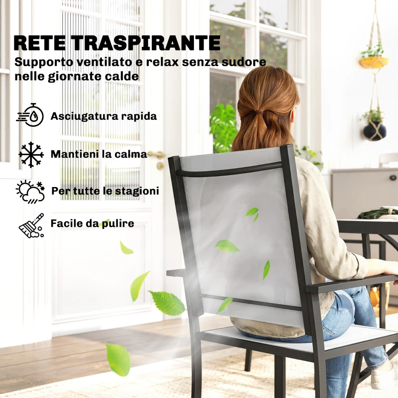 Outsunny Set da Giardino 5pz con 4 Sedie Impilabili e Tavolo in Vetro Temperato con Foro per Ombrellone, Grigio Chiaro