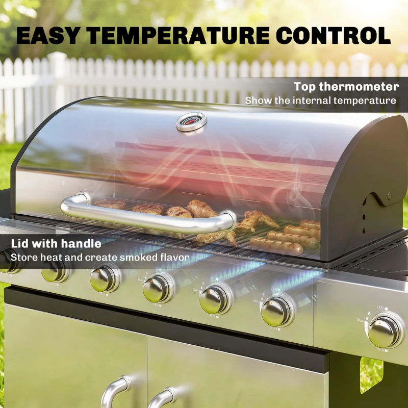 Outsunny Gasbarbecue 18,6 kW 6+1 branders BBQ met thermometer, warmhoudrek, zijtafels en opbergkast