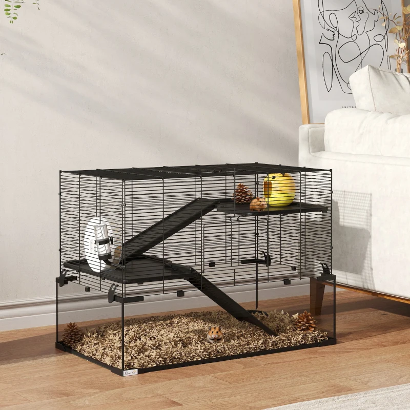 PawHut Gaiola para hamster gaiola para roedores 3 níveis com roda rampas casinha bebedouro comedouro 76,5L x 48,5l x 54,5H cm preto