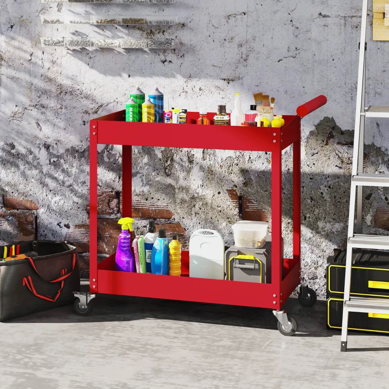 DURHAND Carrinho de oficina servante de oficina a 2 níveis, alça lateral e rodas traváveis, 84,5x38x84 cm, vermelho