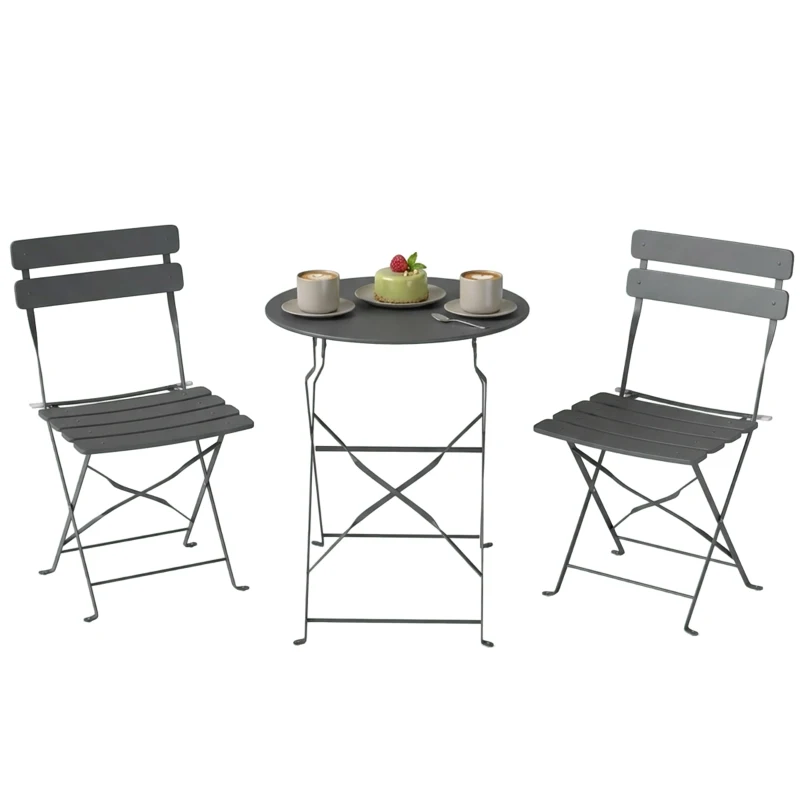 Outsunny Folding Garden Bistro Set, Outdoor Round Bistro Table and Chairs Set 2 with Electrophoresis Metal Frame, Grey