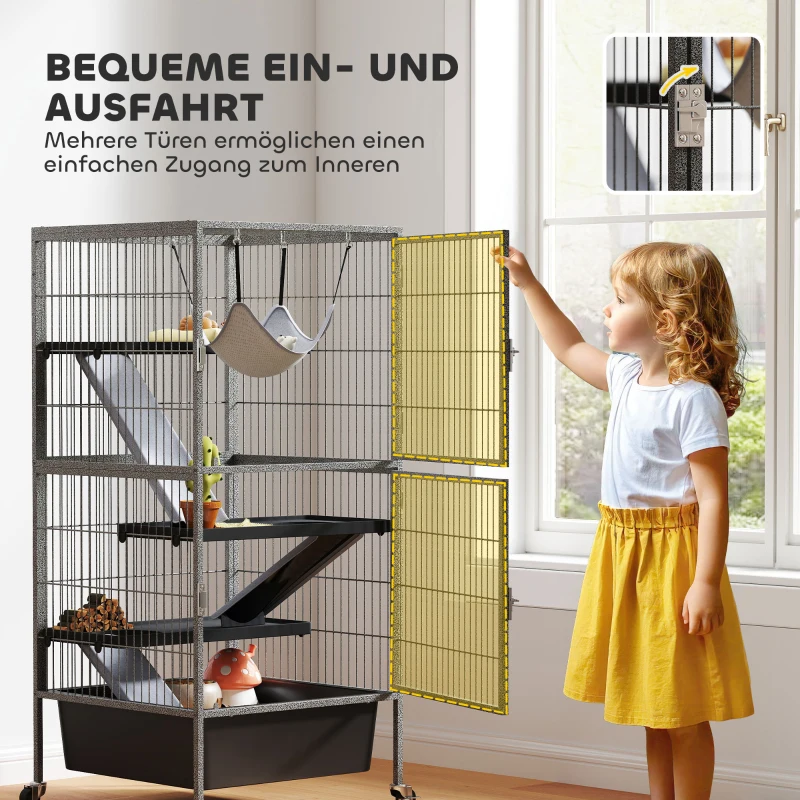 PawHut Kleintierkäfig 4-stöckiger Nagerkäfig mit ausziehbarem Tablett Rampen Hängematte Rollen Plattformen 52x52x115 cm Grau