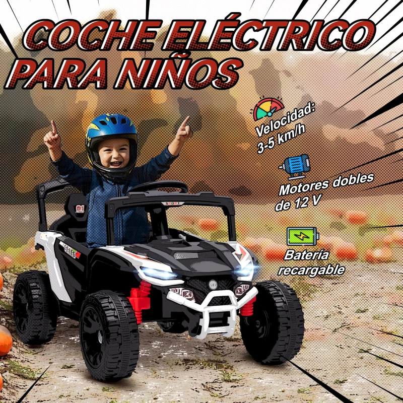 AIYAPLAY Coche Eléctrico para Niños 12V con 2 Motores Control Remoto 2,4G Suspensión Trasera Faros Música Blanco