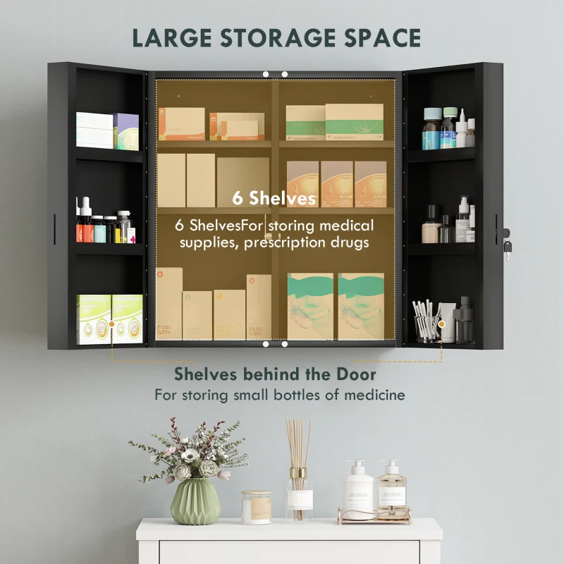 kleankin Medicijnkast, afsluitbare medicijnkast met 2 deuren en 6 legplanken, zwart