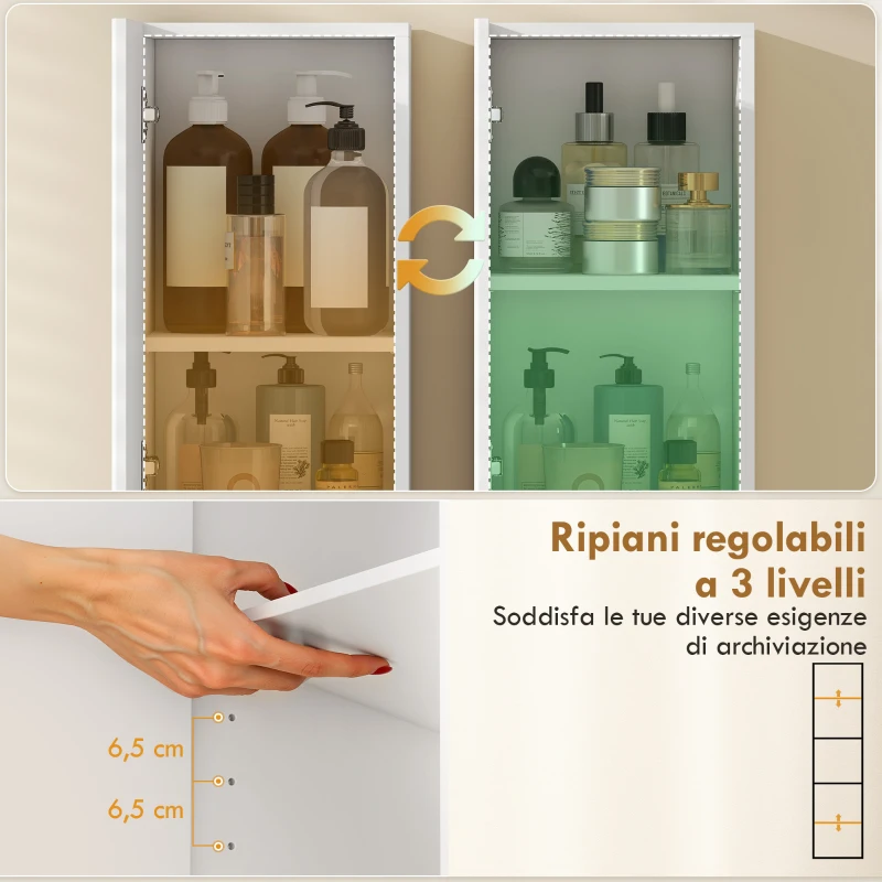 HOMCOM Mobile da Bagno a 2 Ante con Spazio Aperto e Ripiani Regolabili, in Legno, 30x24x140 cm, Bianco
