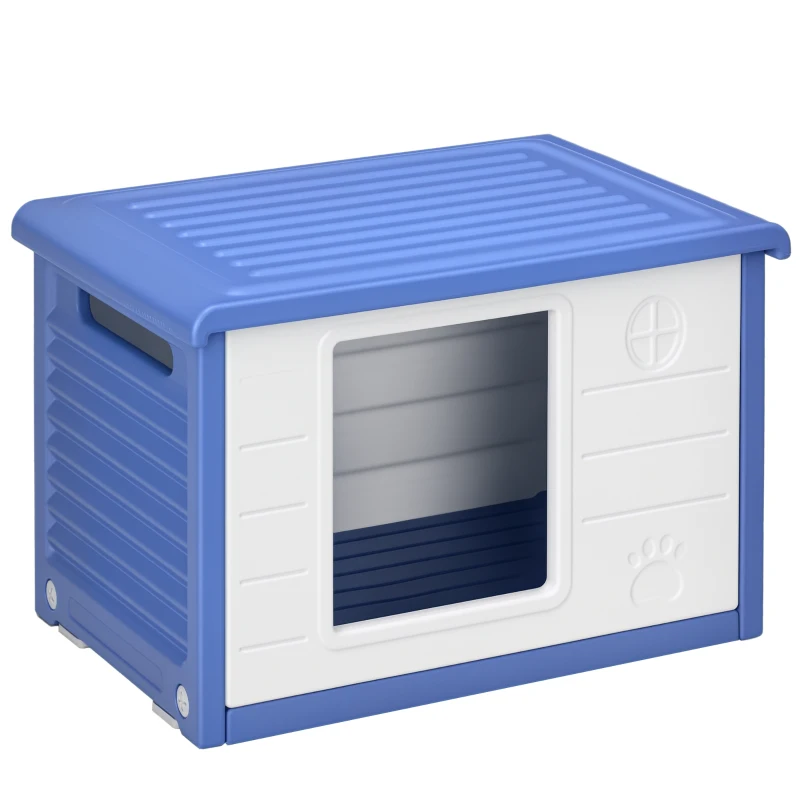 PawHut Casinha para Cães de Porte Pequeno para Exterior em PE com Entrada e 2 Aberturas Laterais, 60x42x40 cm, Azul e Branco