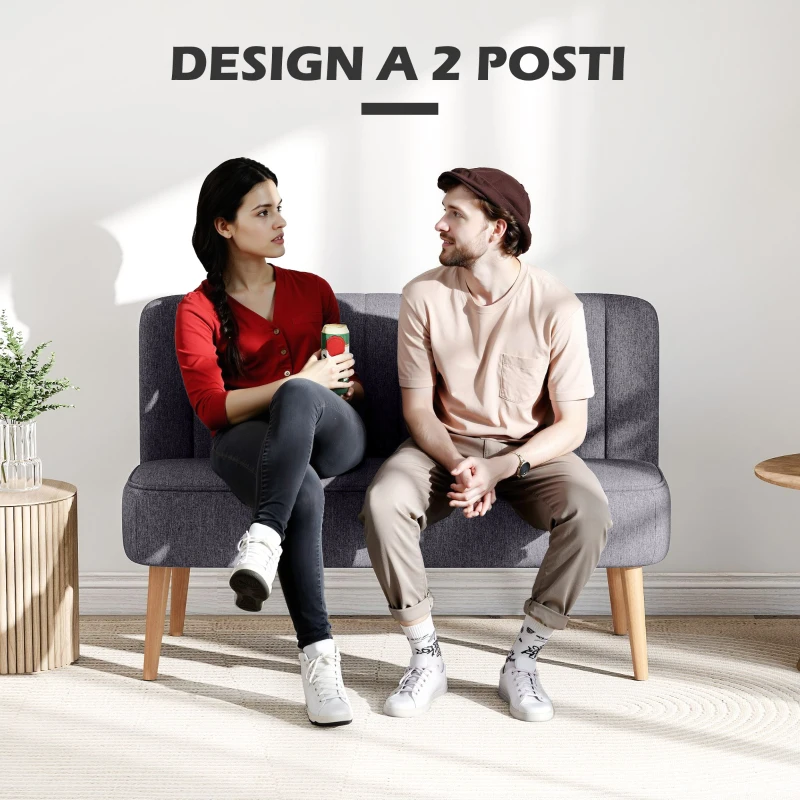 HOMCOM Divano 2 Posti in Tessuto Effetto Lino Senza Braccioli con Gambe in Legno, 117x56.5x77 cm, Grigio Scuro