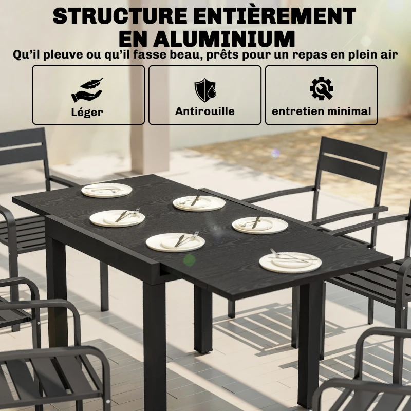 Outsunny Table de jardin extensible pour 4-6 personnes avec rallonge auto-stockée aluminium avec effet bois 80-160 x 80 cm noir