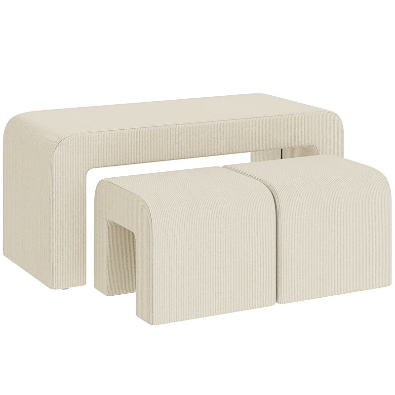 HOMCOM Juego de 3 Bancos Zapateros Grande y 2 Pequeños Modernos de Pana Diseño Compacto Mesa Auxiliar 104x44x48 cm Crema