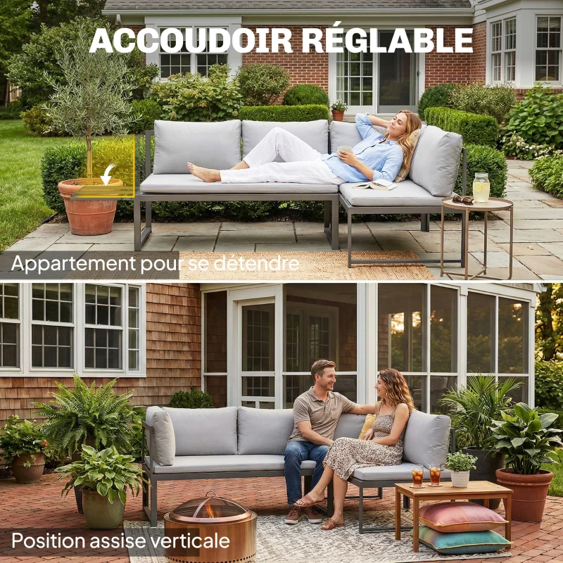 Outsunny Salon de Jardin Mobilier de Terrasse 3 Pièces 4 Places Modulable avec Accoudoir Réglable Coussins Épais 16cm Gris