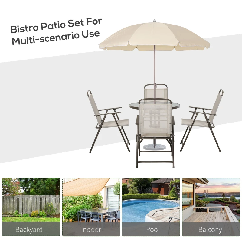 Outsunny Garden Patio Texteline Folding Chairs Plus Table and Parasol Furniture Bistro Set 6 Pieces - Beige