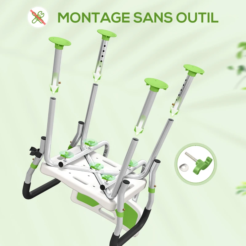 HOMCOM Tabouret de douche chaise de douche ergonomique hauteur réglable pieds antidérapants 56,5 x 53,5 x 87 cm blanc et vert