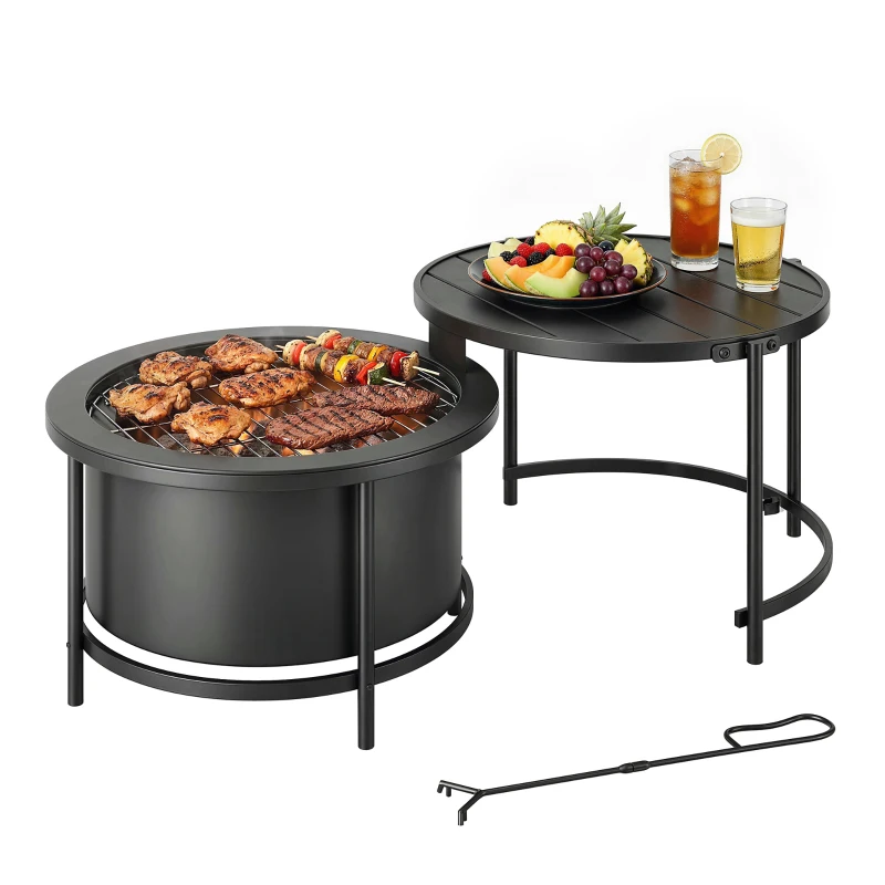 Outsunny Fire Bowl 66 x 63 x 41 cm Round Fire Pit with Grill Grate, Fire Poker, Lid, Stand Black