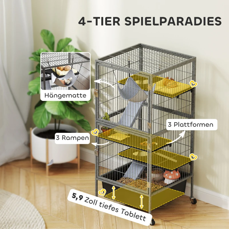 PawHut Kleintierkäfig 4-stöckiger Nagerkäfig mit ausziehbarem Tablett Rampen Hängematte Rollen Plattformen 52x52x115 cm Grau