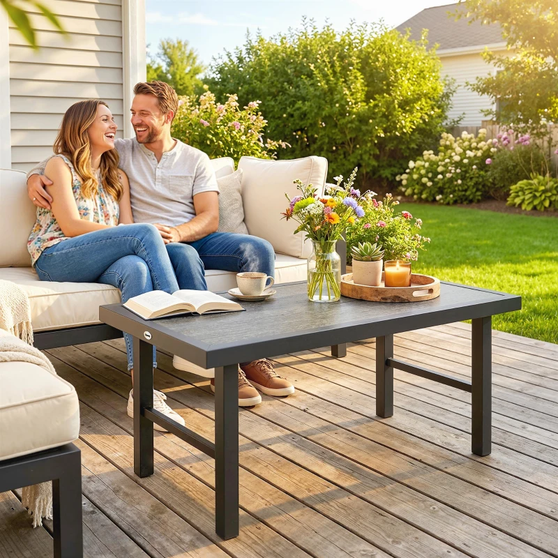 Outsunny Metal Garden Coffee Table, Outdoor Side Table with SPC Woodgrain Tabletop for Outside, 100 x 52 x 46cm, Dark Grey