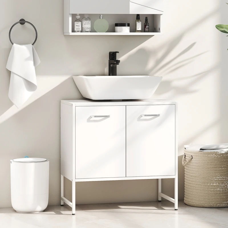 HOMCOM Mueble bajo lavabo, mueble de baño con 2 puertas de cierre suave y estante regulable, blanco