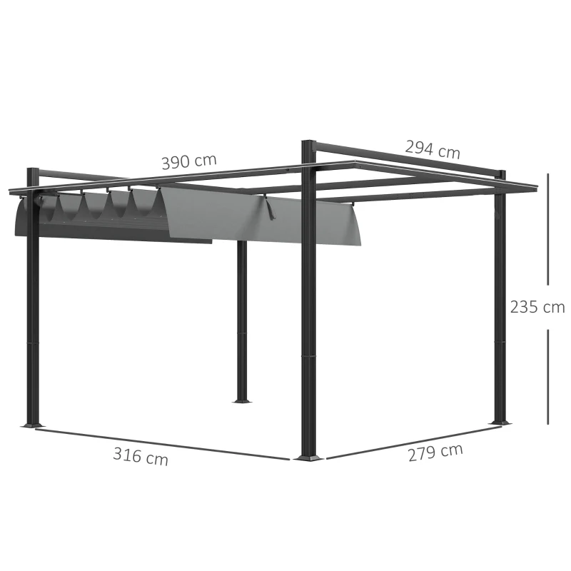Outsunny 3 x 4m Retractable Pergola, Garden Gazebo Shelter with Aluminium Frame, for Grill, Patio, Deck, Dark Grey