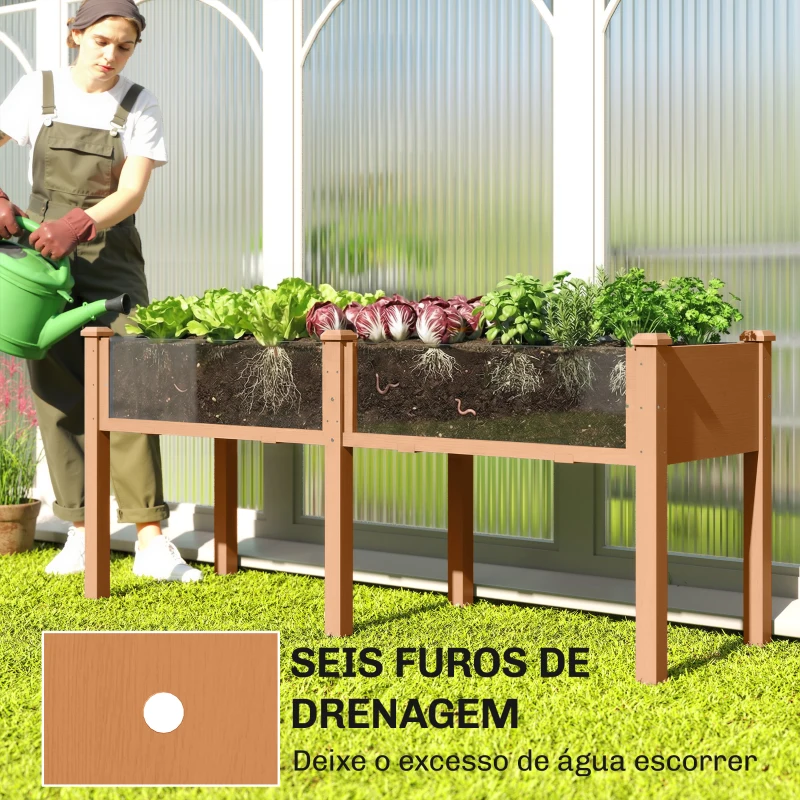 Outsunny Floreira Elevada de Madeira 184x59x76,5 cm com 6 Orifícios de Drenagem para Cultivo Plantas Flores Castanho