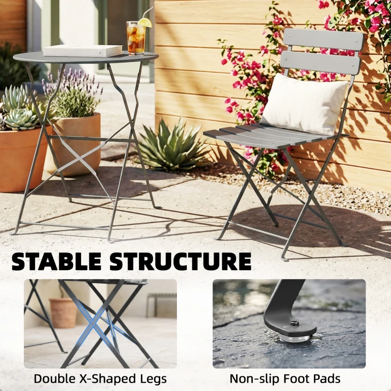 Outsunny Folding Garden Bistro Set, Outdoor Round Bistro Table and Chairs Set 2 with Electrophoresis Metal Frame, Grey
