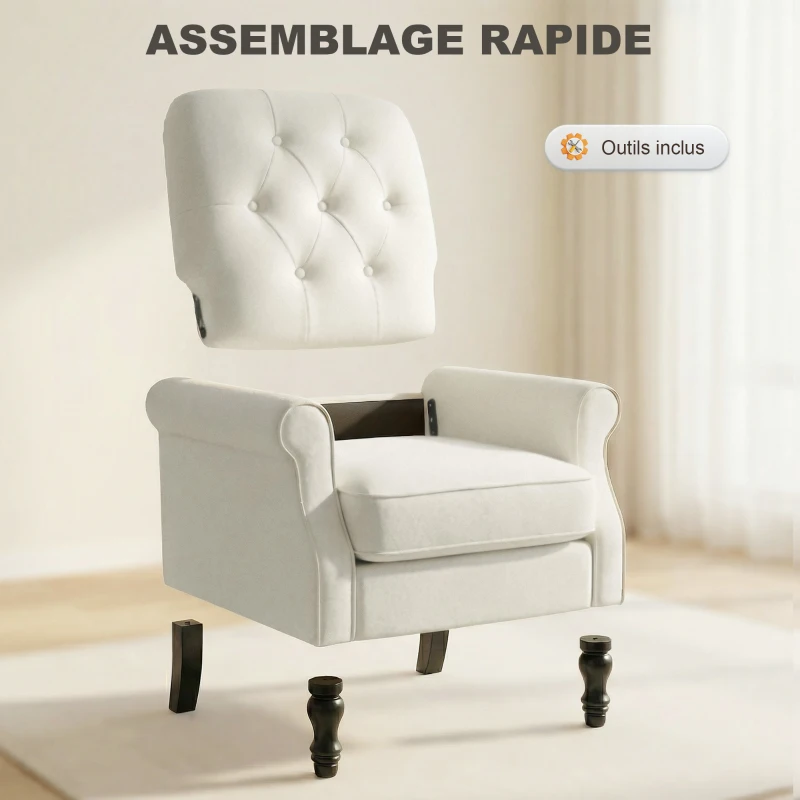 HOMCOM Fauteuil de salon, canapé 1 place avec assise rembourrée épaisse, coussin à ressorts, tissu en lin, 69x75x90cm, crème