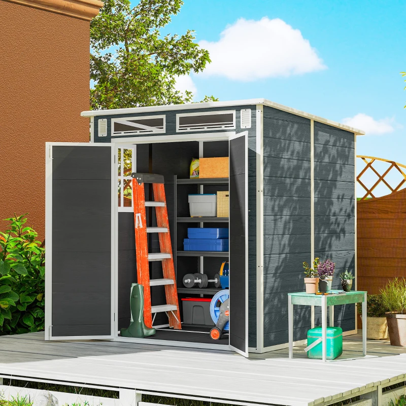 Outsunny Cobertizo de Jardín de Resina Cobertizo de Almacenamiento Puerta Doble 3 Ventanas y 2 Ventilaciones Anti-UV con Suelo 3,3 m² Gris
