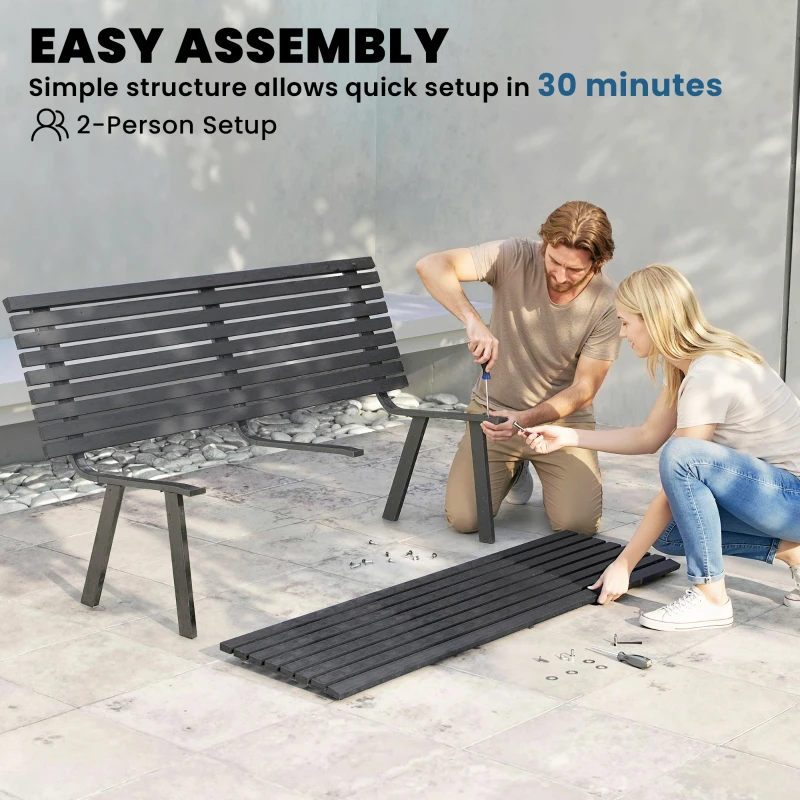 Outsunny Banc de jardin 3 places résistant aux intempéries en métal, assise large, design à lames, jusqu'à 240 kg 154 x 68 x 88 cm