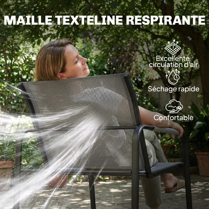 Outsunny Salon de Jardin Ensemble de Terrasse en Acier et Textilène 4 Pièces avec Accoudoirs Corde Tressée Gris