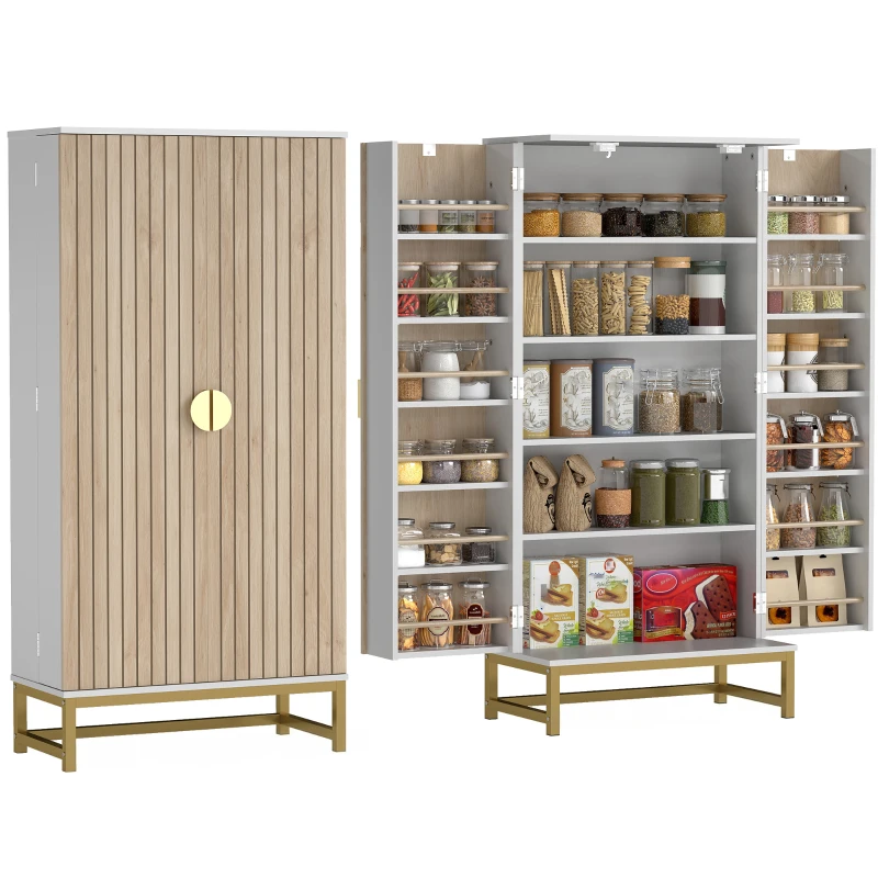 HOMCOM Armoire de cuisine meuble cuisine rangement avec 12 étagères à portes, étagères ajustables, 58x29x119,5cm, blanc(m-12)