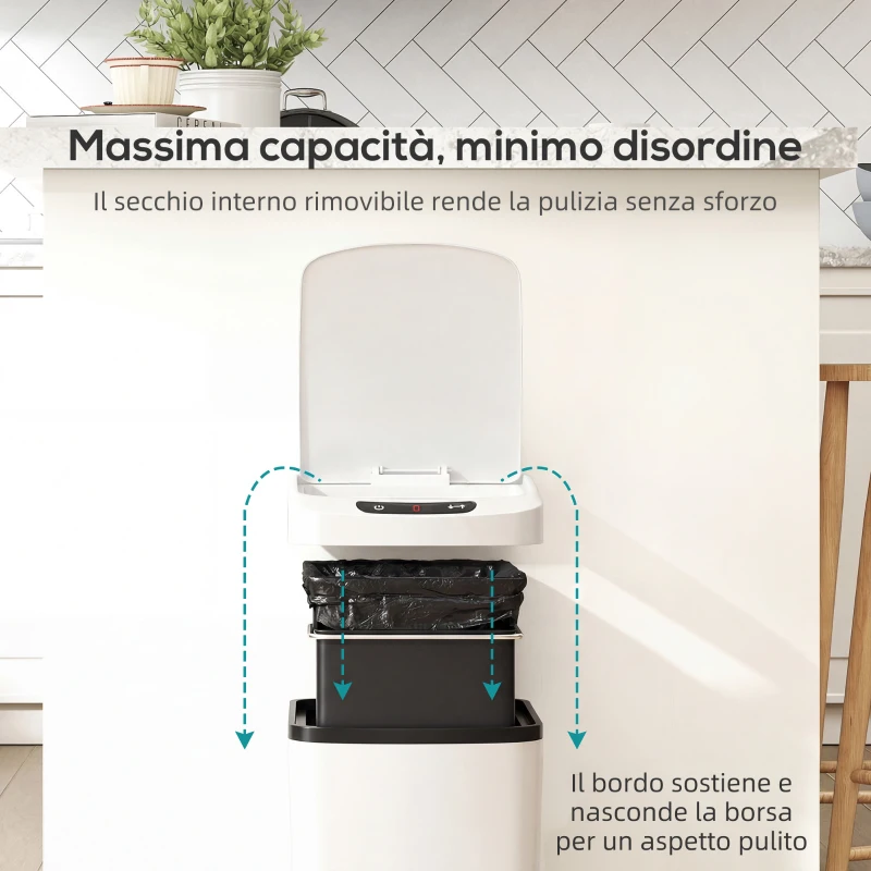 HOMCOM Cestino Rifiuti da 12L a Infrarossi con Secchio Rimovibile, in Acciaio Inox, ABS e PP, 28x22x41 cm, Bianco