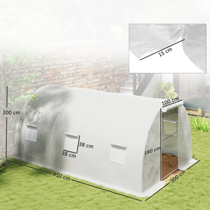 Outsunny Estufa de jardim túnel 13,5 m² 6 janelas, porta enrolável com zíper, estrutura aço galvanizado, cobertura PE 4,5 x 3 x 2 m branco