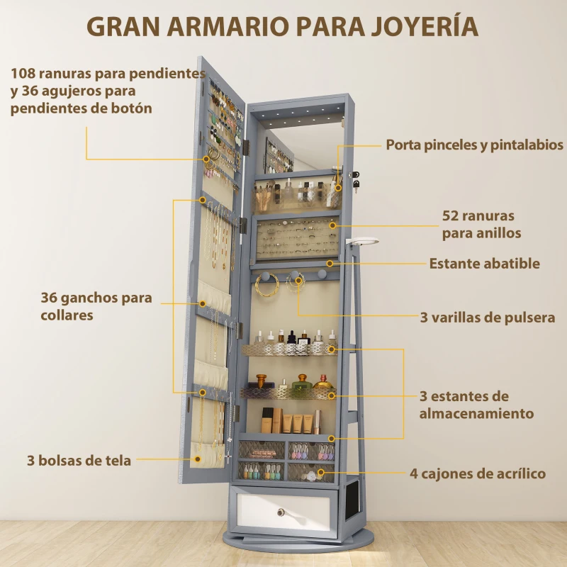 HOMCOM Espejo Joyero con Luces LED Armario Joyero con Espejo Entero Giratorio de 360° Cajón Cerradura Gris Claro