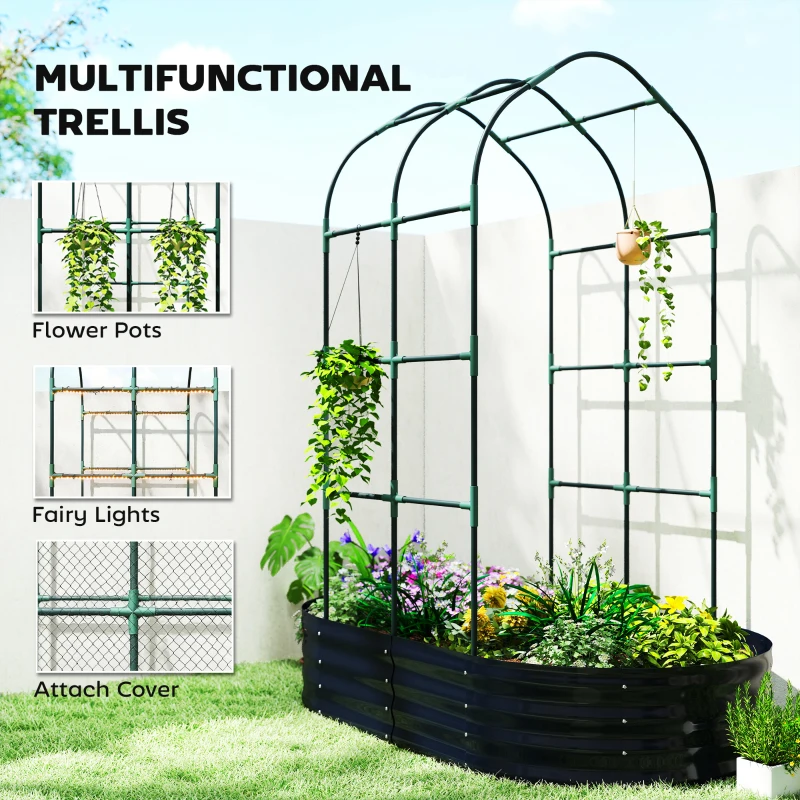 Outsunny Galvanised Raised Garden Bed with Arched Trellis, 5 x 3 x 6ft Metal Raised Bed for Garden with Open Bottom, Dark Grey