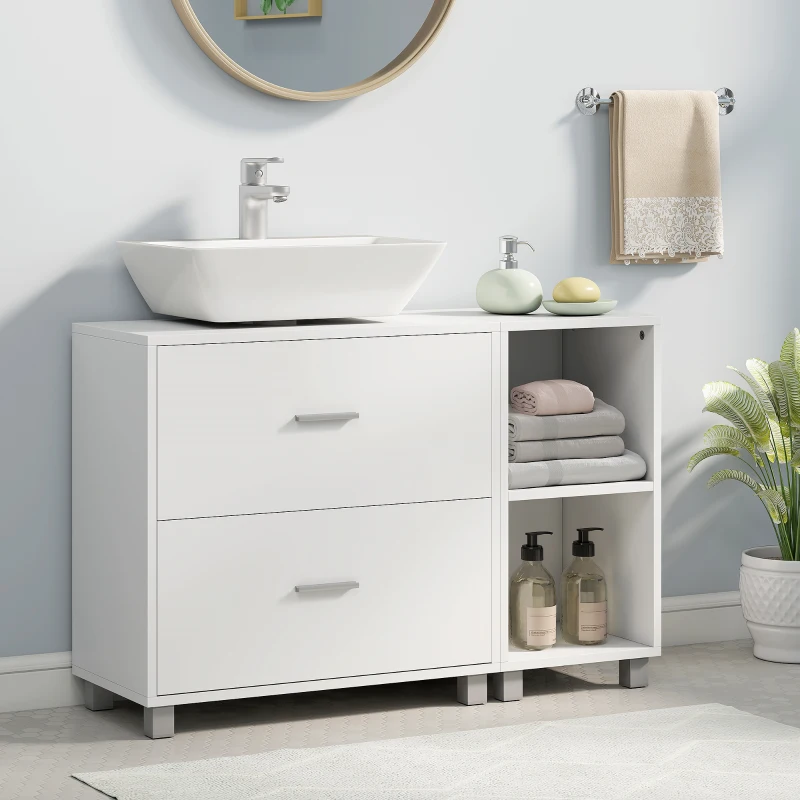 HOMCOM Móvel para Lavatório, Armário de Casa de Banho com 2 Gavetas e 2 Prateleiras Abertas, para Lavatório com Pedestal, 90x30x60 cm, Branco