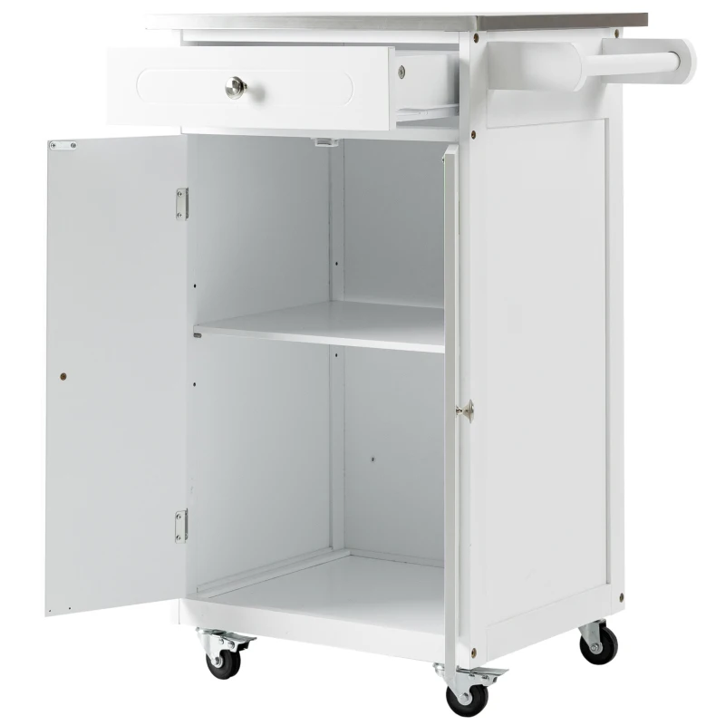HOMCOM Carrinho de Serviço para Cozinha com Rodas 1 Gaveta 2 Portas Prateleira Panos de Cozinha MDF Branco e Aço Inoxidável