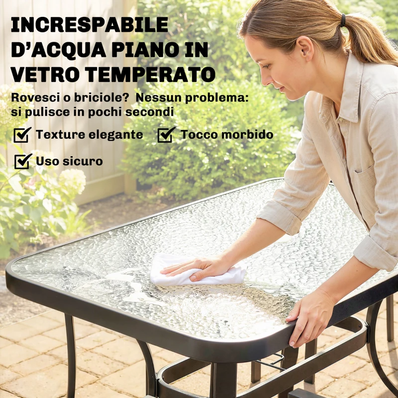 Outsunny Set da Giardino 5pz con 4 Sedie Impilabili e Tavolo in Vetro Temperato con Foro per Ombrellone, Grigio Chiaro