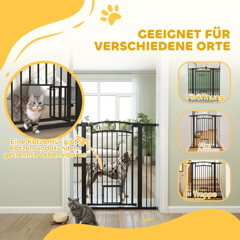 PawHut 106 cm hohes Haustiergitter mit anpassbarer Breite, integrierte Katzentür, für Treppen und Türrahmen, Schwarz