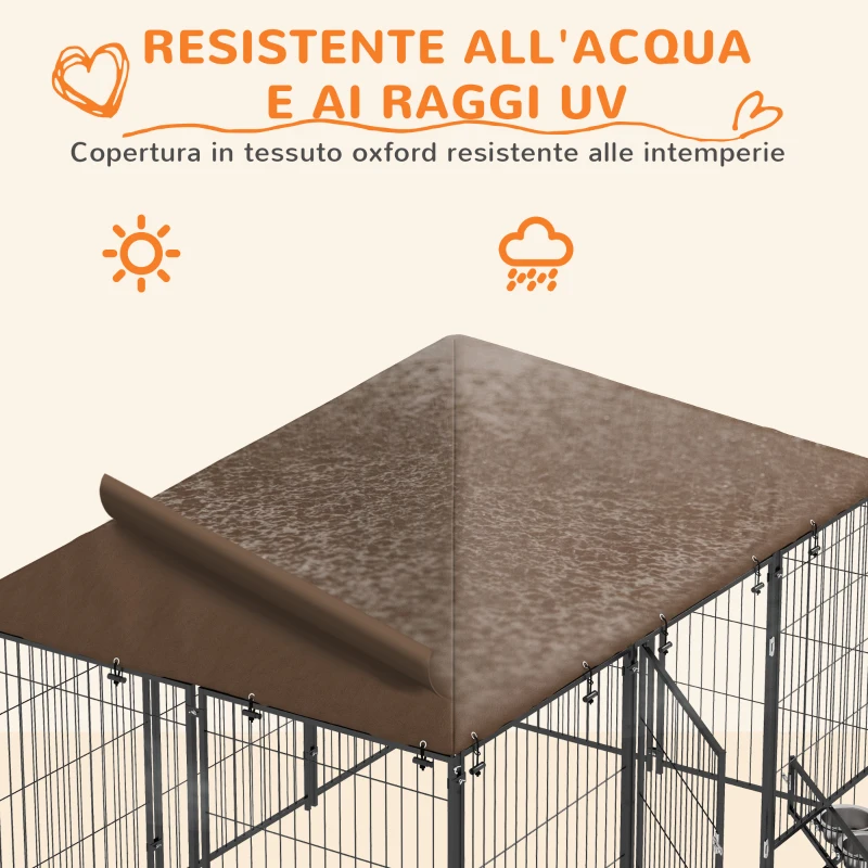 PawHut Recinto per Cani in Metallo e Tessuto Oxford con Porticina per Ciotole, 211x141x151 cm, Nero e Marrone