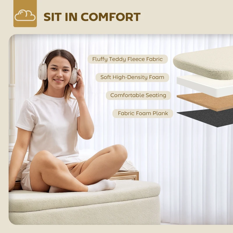 HOMCOM Ławka z miejscem do przechowywania, 65 L, materiał Teddy-Fleece, drewno kauczukowe, 120 x 42 x 45 cm, Beżowy