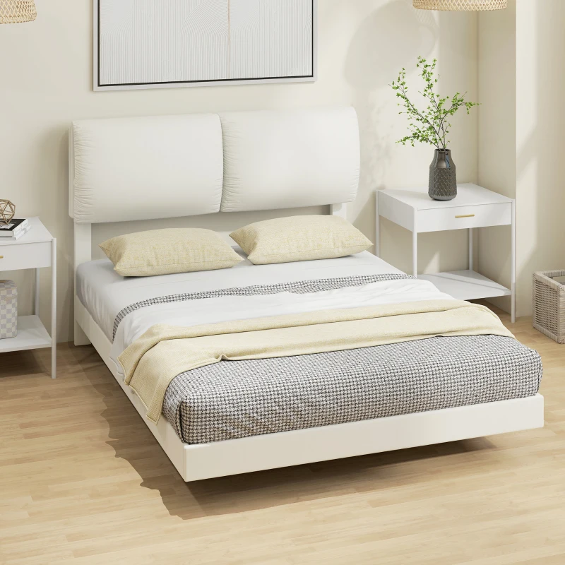 HOMCOM Doppelbett 135x190 cm Lattenrost mit gepolstertem Kopfteil Schwebeeffekt Metallrahmen Beige