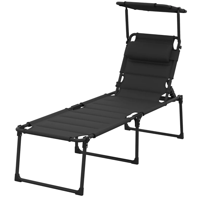 Outsunny Tumbona silla reclinable plegable con parasol, reposacabezas inclinable en tejido Oxford 70 x 200 x 45 cm, negro