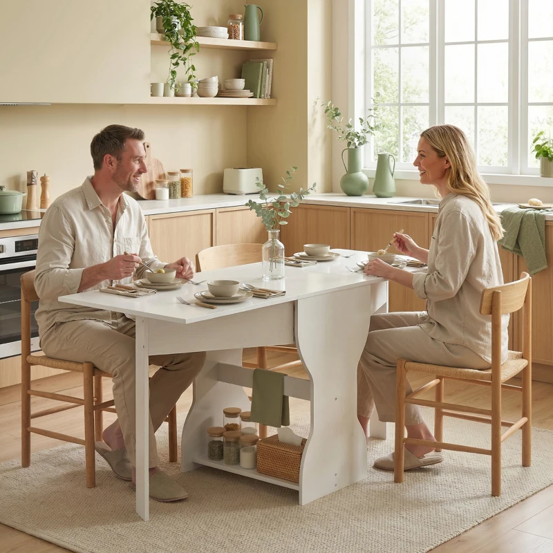 HOMCOM Folding Dining Table for 4 People with Shelf, Wood, 160x60x75 cm, White
