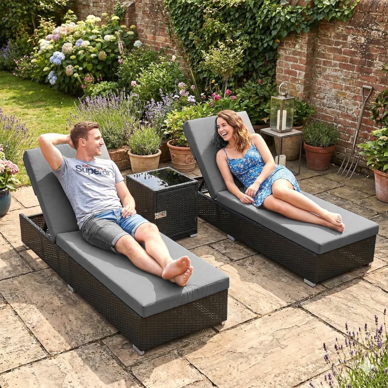 Outsunny Set 2 Chaises longues de Jardin en Rattan avec Table latérale et Dossier Réglable, 184x60x22 cm, Gris Foncé