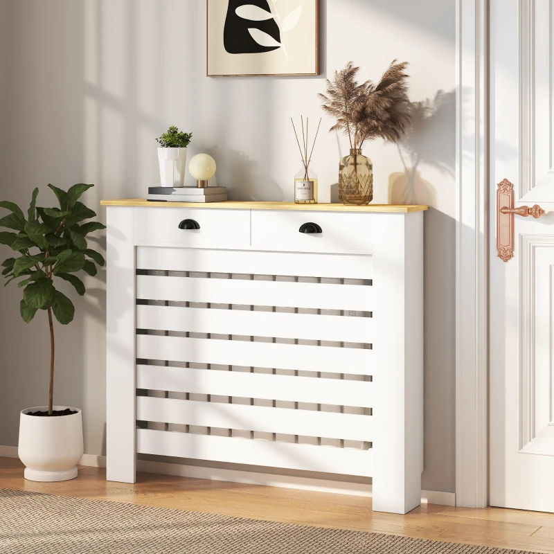 HOMCOM Couvercle de radiateur cache radiateur grille à lattes horizontales avec 2 tiroirs en bois 111l x 19P x 95,5H cm blanc