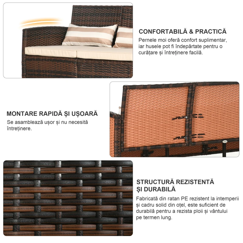 Outsunny Canapea de exterior cu 3 locuri, din ratan PE, cu perne confortabile și detașabile, 173x68x78 cm, maro