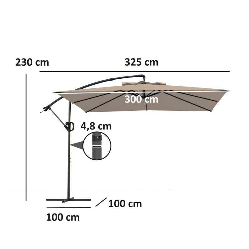 Outsunny Parasol desplazado cuadrado 3 x 3 m con manivela, base cruzada, parasol inclinable y rotación 360°, tela 180 g/m² caqui