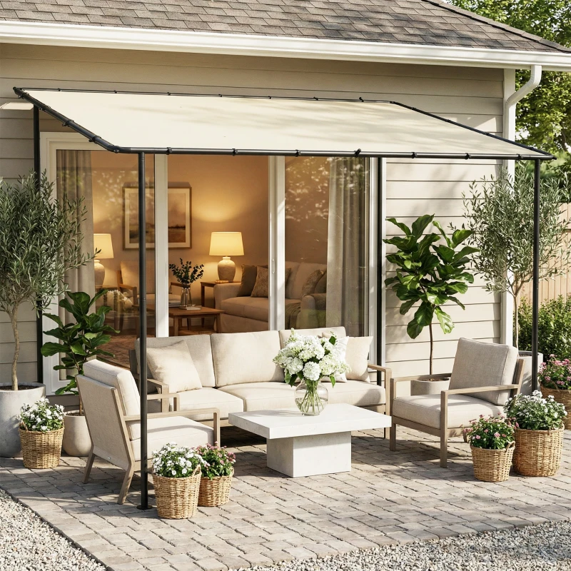 Outsunny Pérgola de jardín, pérgola adosada cenador de jardín con estructura metálica y orificios de drenaje, 3 x 2 m, crema